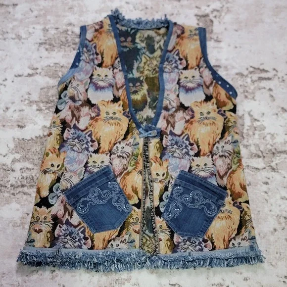 Handmade Cat Tapestry Vest Denim Trim Pockets Cottagecore Boho Upcycled - Picture 2 of 9